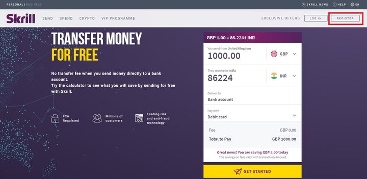 Skrill e-wallet: homepage