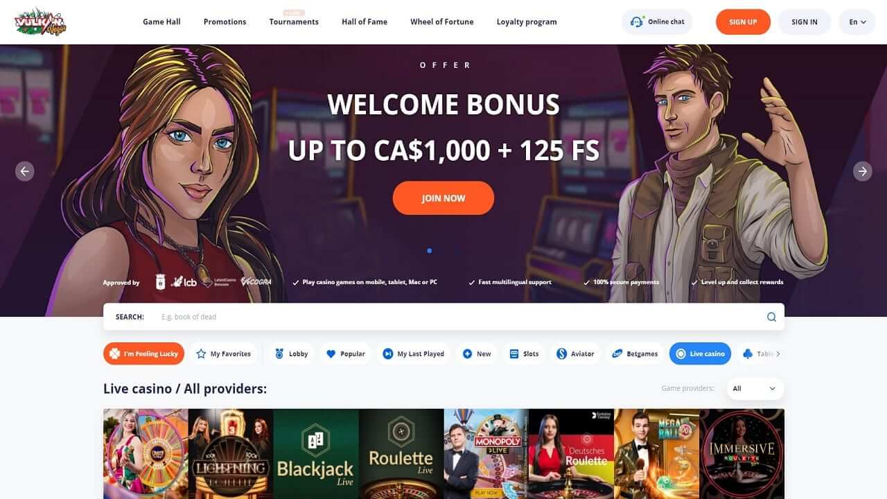 Vulkan Vegas casino homepage