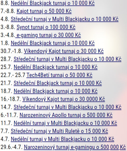 Odehrané turnaje - Sazka Hry
